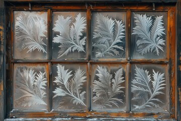 enchanting frost patterns on vintage wooden window abstract photo