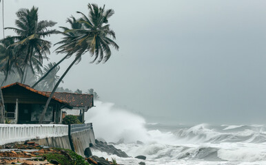 Wall Mural - there is an outdoor scene of huge waves crashing against a concrete guardrail along a beach road 