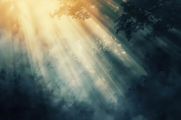 Wall Mural - ethereal atmosphere sunbeams piercing through misty air creating mesmerizing light and shadow play digital painting