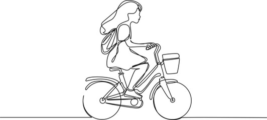 Wall Mural - continuous single line drawing of young girl with daybag riding on childrens bicycle, line art vector illustration