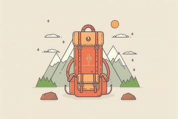 Aufkleber - A minimalist illustration of a stylized backpack against a mountain landscape with a sun and clouds. Generative AI