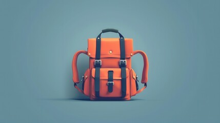 Aufkleber - A stylized, orange leather backpack sits on a simple, blue background, symbolizing travel and adventure. Generative AI