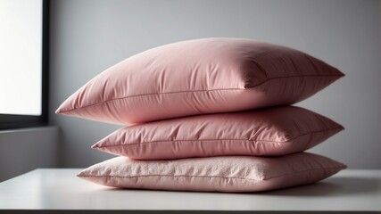 Wall Mural - stack of pink pillow on white table and plain background with dramatic lighting