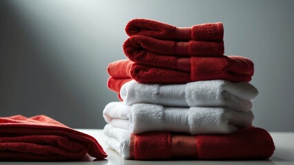 Wall Mural - stack of red towel on white table and plain background with dramatic lighting