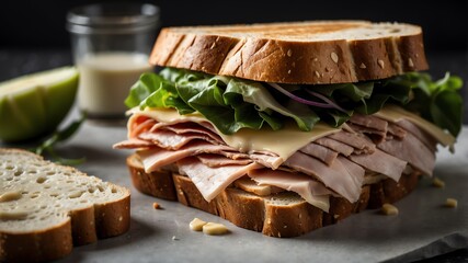 Wall Mural - turkey and havarti sandwich on white table and plain background with dramatic lighting
