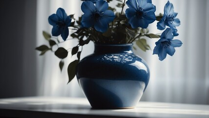 Wall Mural - vase with blue flowers on white table and plain background with dramatic lighting