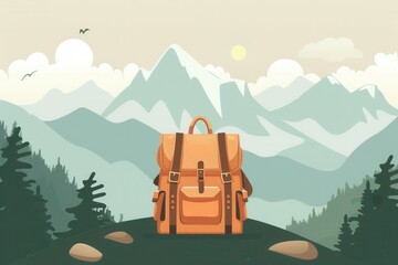 Aufkleber - A stylized illustration of a leather backpack sitting in front of a minimalist mountain range. The colors are muted and the overall style is simple and elegant. Generative AI