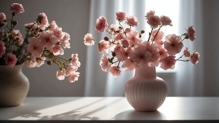 Wall Mural - vase with pink flowers on white table and plain background with dramatic lighting