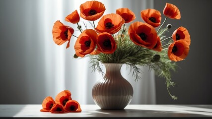 Wall Mural - vase with poppy flowers on white table and plain background with dramatic lighting