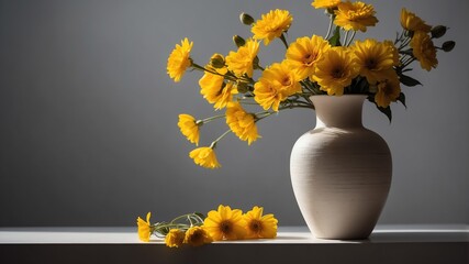 Wall Mural - vase with yellow flowers on white table and plain background with dramatic lighting