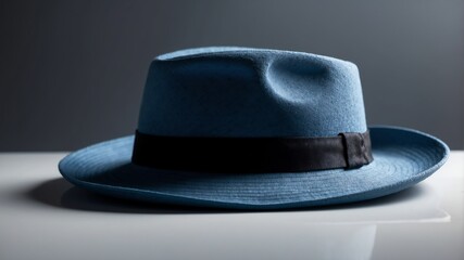 Sticker - a blue hat on white table and plain background with dramatic lighting