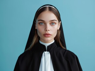 Canvas Print - Medium shot of young woman wearing nun clothing, themed background, 