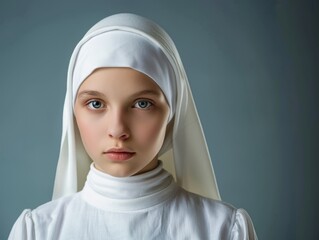 Wall Mural - Medium shot of young woman wearing nun clothing, themed background, 
