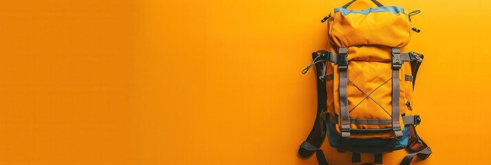 Aufkleber - A stylized, yellow backpack sits against a vibrant orange background, representing travel and adventure in a minimalist composition. Generative AI