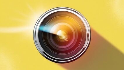 Generative AI illustration for World Photography Day. camera lens isolated on a bright yellow background