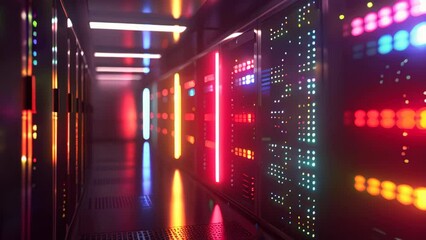 Poster - A row of computer servers in a data center. Concept of cyberspace, communication and technology.