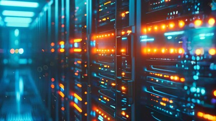 Poster - Data center with a row of computer servers. Abstract generic concept of cyberspace, communication and technology.