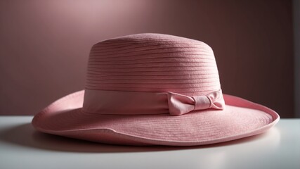 Sticker - a pink hat on white table and plain background with dramatic lighting