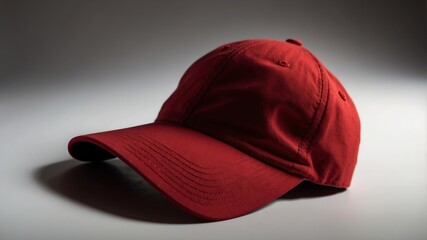 Sticker - a red baseball cap on white table and plain background with dramatic lighting