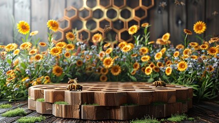 Wall Mural - Bees on Wooden Honeycomb Platform in Garden