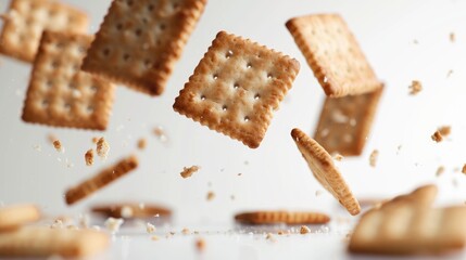 Wall Mural - Cracker biscuits flying on white background with room for text
