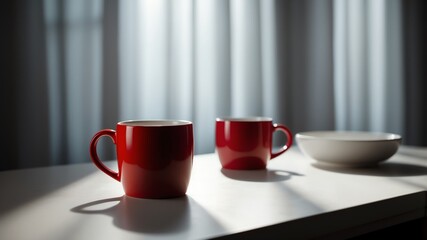 Wall Mural - red mug on white table and plain background with dramatic lighting
