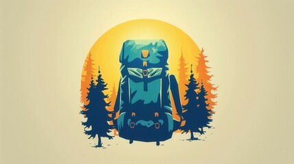 Aufkleber - A minimalist illustration of a backpack against a setting sun and silhouetted trees. Generative AI