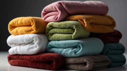 Wall Mural - stack of colorful towel on white table and plain background with dramatic lighting