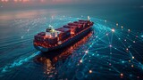 In the dead of night, a cargo ship traverses the open sea, bright blue network lines surrounding it and symbolizing cutting-edge maritime communication and navigation systems.