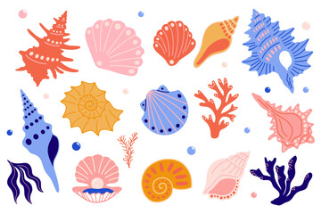 Wall Mural - cartoon seashells, seaweed, algae, mollusks, corals vector illustration element set for design. diff
