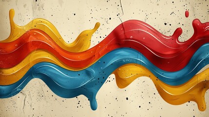 Wall Mural - Abstract Wavy Paint Splashes in Red, Yellow, and Blue on a Beige Background