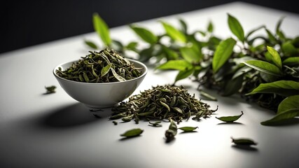 Wall Mural - bunch of green tea leaves on white table and plain background with dramatic lighting