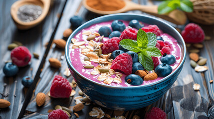 Smoothie bowl with fresh fruits, nuts, and seeds