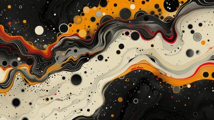 Wall Mural - Abstract Swirling Colors With Black and Orange Bubbles on a White and Black Background
