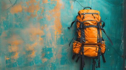 Poster - A minimalist image of an orange backpack against a teal and orange wall. The backpack symbolizes travel and adventure. Generative AI