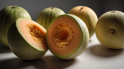 Wall Mural - bunch of melon on white table and plain background with dramatic lighting