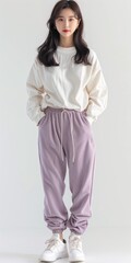 Wall Mural - A full-length photo of a mixed-race Korean woman standing in front of a white background, smiling, wearing a white sweater, purple jogging pants, and white sneakers,