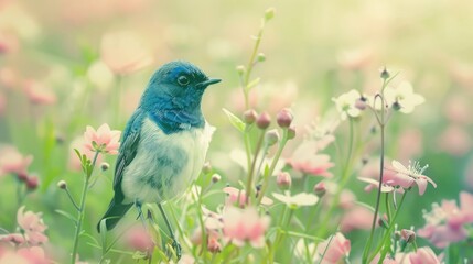 Vintage filter effect on tiny blue and white bird in grass with pink flowers Spring background