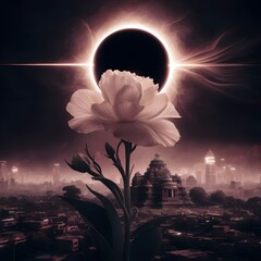 Wall Mural - a white flower in a city landscape, at solar eclipse.