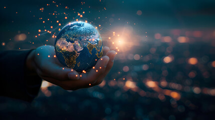 Abstrack glowing planet earth in the hands of a man,Hands holding a glowing earth globe on bokeh background,Businesswoman on blurred background using digital globe hologram,Global network 
