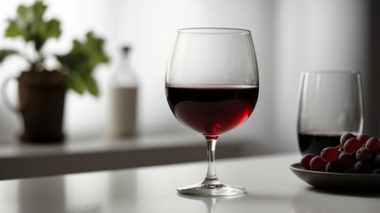 glass of red wine on white table and plain background with dramatic lighting