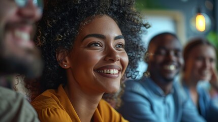 Wall Mural - Happy multi-ethnic business people sit together in the office, laughing and smiling while listening to a close-up portrait of a lecture or training session