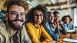© 路加 石 - Happy multi-ethnic business people sit together in the office, laughing and smiling while listening to a close-up portrait of a lecture or training session