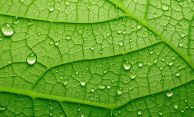 Wall Mural - macrophotography of the back of a green leaf and water droplets on it	
