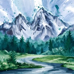 Wall Mural - Pencil colorful drawing of mountains landscape.