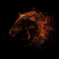 A horse with a fiery mane is running through a dark sky