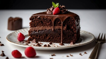 Wall Mural - chocolate cake on white table and plain background with dramatic lighting