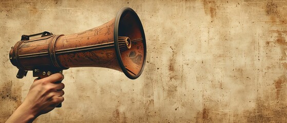 Vintage hand holding a megaphone on grunge background, symbolizing communication, announcement, and retro advertising concepts.