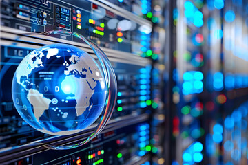 Wall Mural - A visual representation of a global data network featuring a digital globe overlay on server racks with blinking lights. This image symbolizes global connectivity and advanced data systems