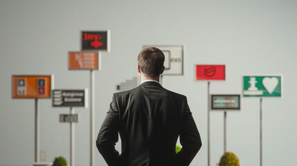 Wall Mural - A businessman looking at a series of signs representing various businesses and architectural structures, isolated in a minimalist setting.